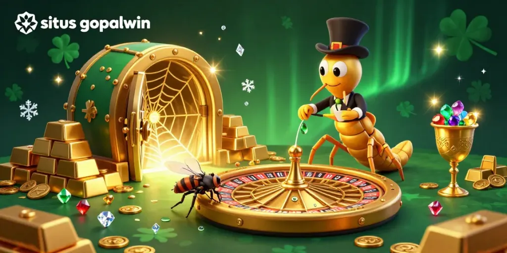Fly places bets on situs gopalwin while a golden spider spins a roulette web amid treasure and jewels.