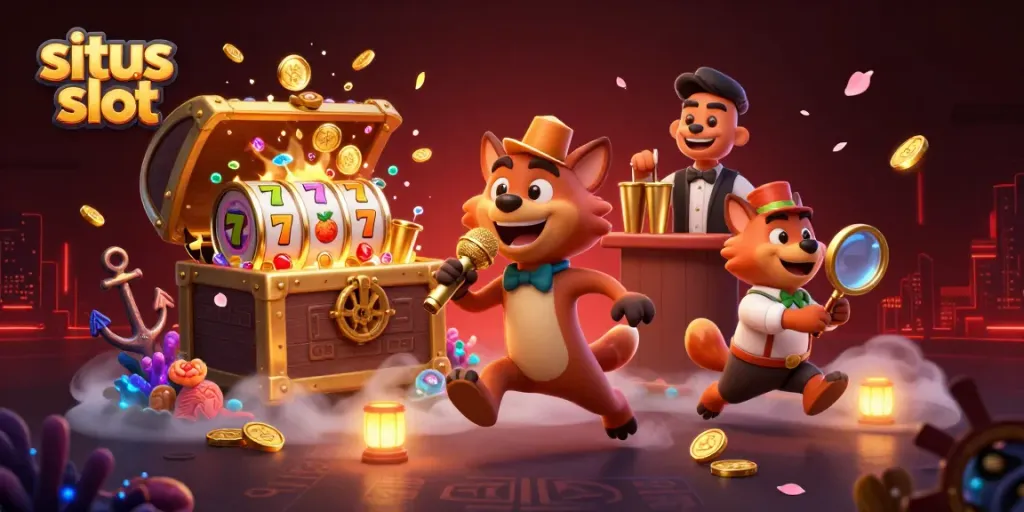 Experience the fun at situs slot with cartoon hyenas in a vibrant casino scene.