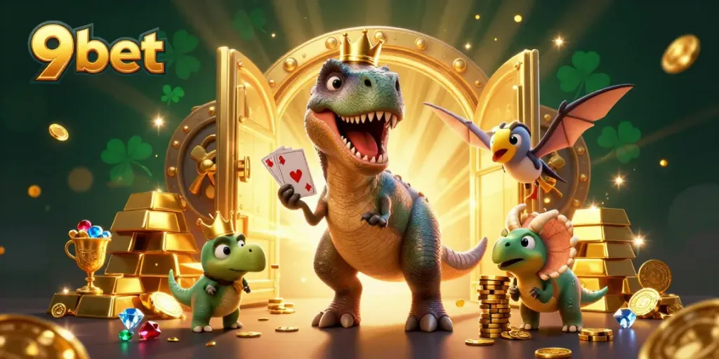 Experience thrilling action at 9bet with a charming T-Rex shuffling cards amidst gold treasures.