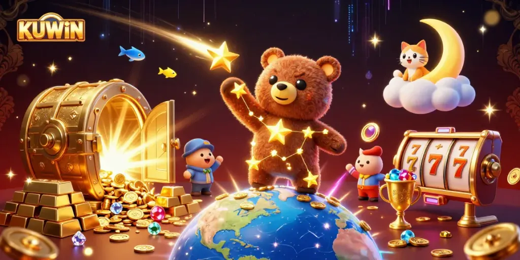 Kuwin's constellation bear winning coins from a treasure vault in a vibrant casino scene.