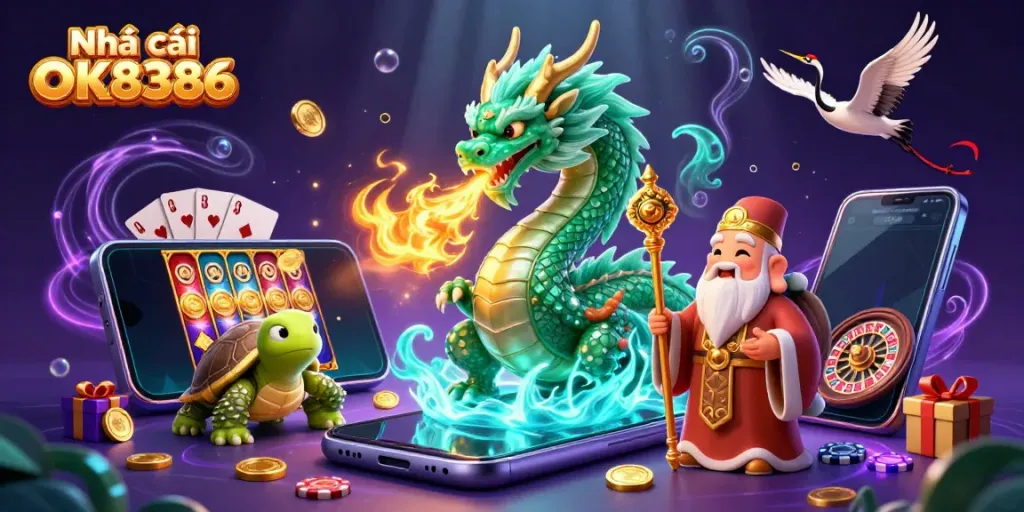 Engage in thrilling gaming at Nhà cái OK8386 with vibrant casino elements and enchanting characters.