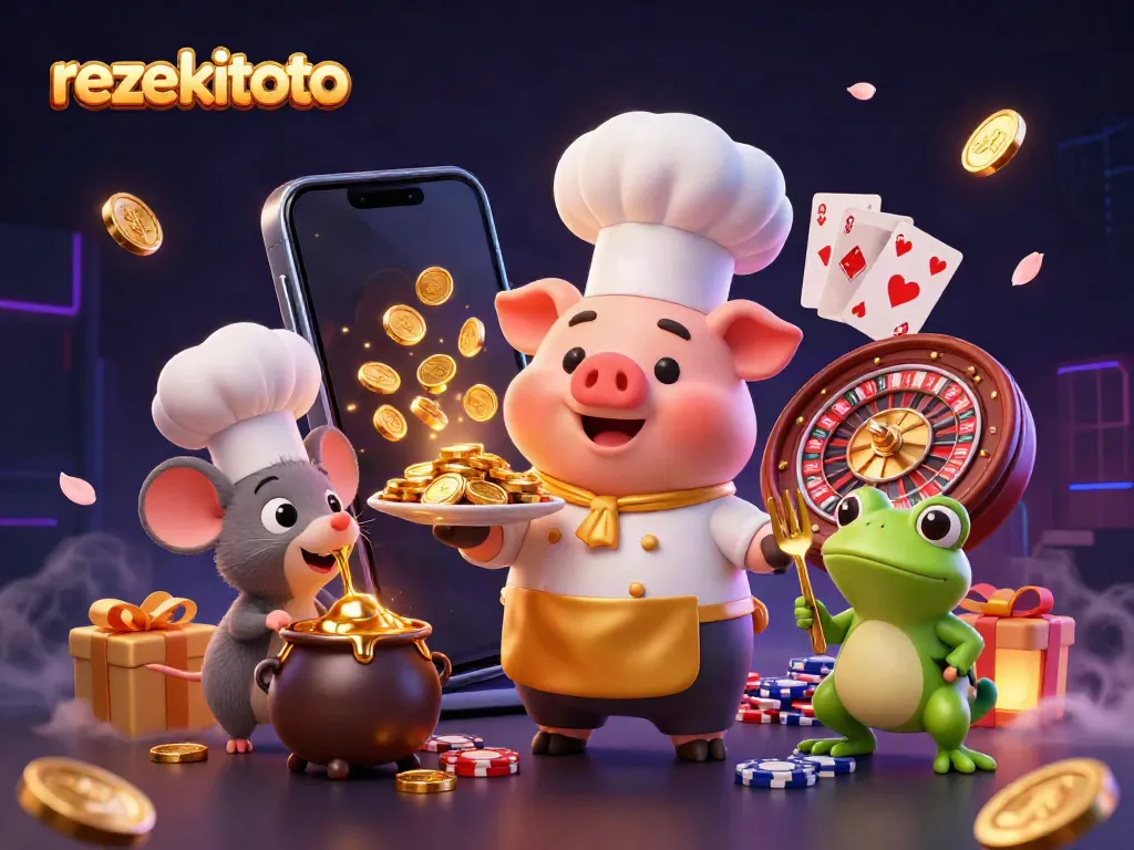 Experience the excitement of rezekitoto with a chef pig serving gold coins and game elements in a vibrant casino scene.