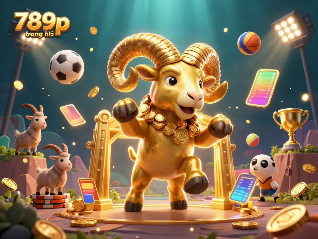 Engage with the 789p trang chủ casino experience featuring a golden ram amidst vibrant gaming elements.