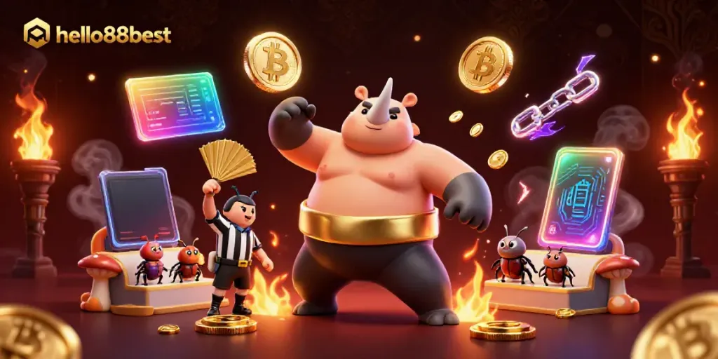 Experience excitement with hello88best as a cartoon beetle sumo champion stuns the crowd, coins flying!