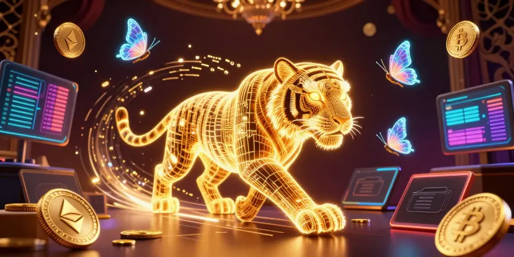 Engage with hitclub-pro's immersive casino landscape featuring a golden wireframe tiger.