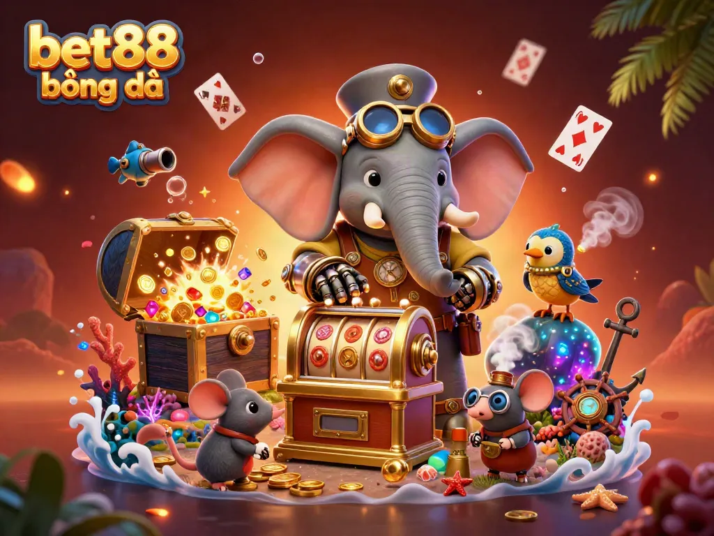 Engaging scene of bet88 bóng đá featuring a steampunk elephant engineer at a slot machine with animated game elements.