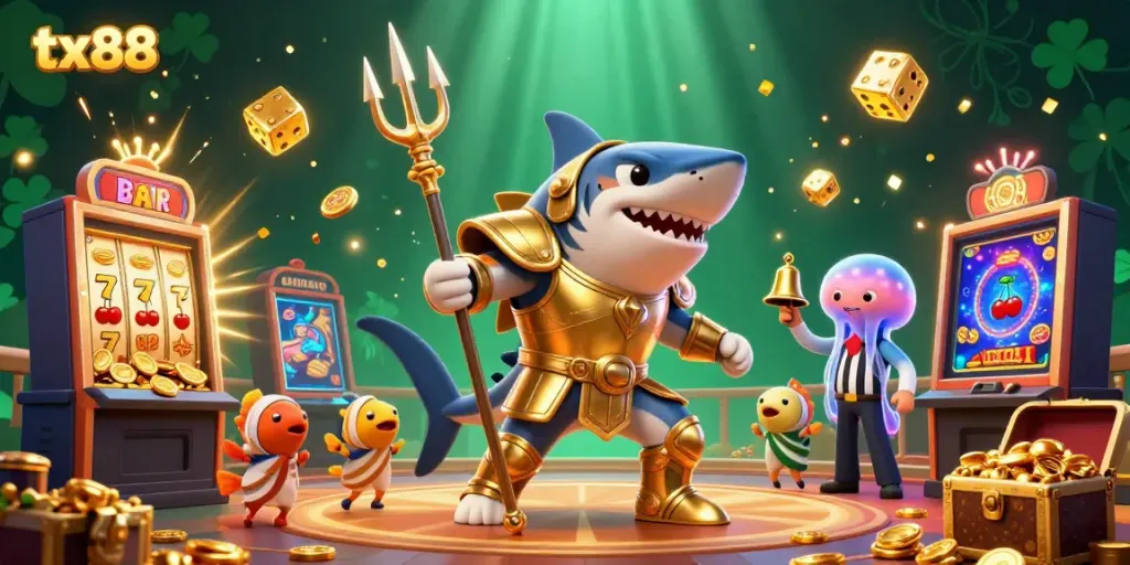Experience the excitement of tx88 with a vibrant underwater casino scene featuring a golden gladiator shark and jackpot elements.