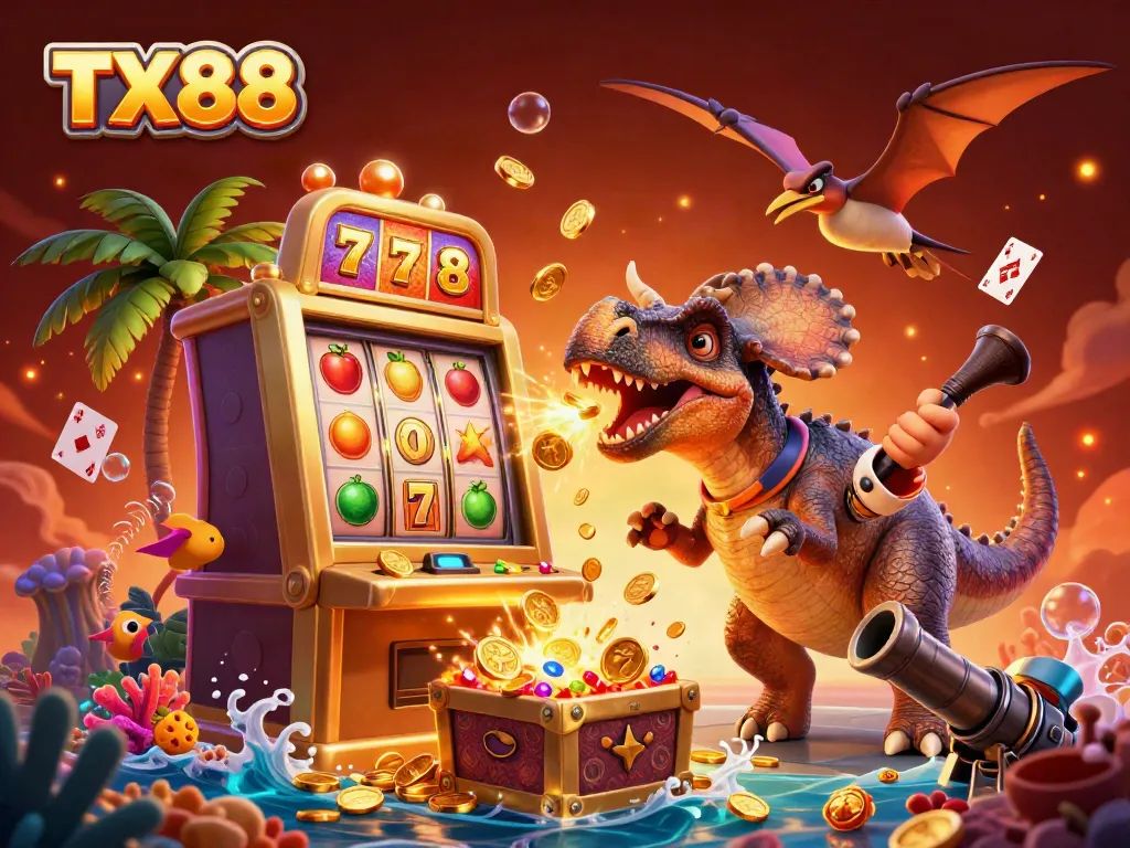 TX88 casino illustration with a dinosaur interacting with a jackpot machine amidst gold coins and slot game elements.