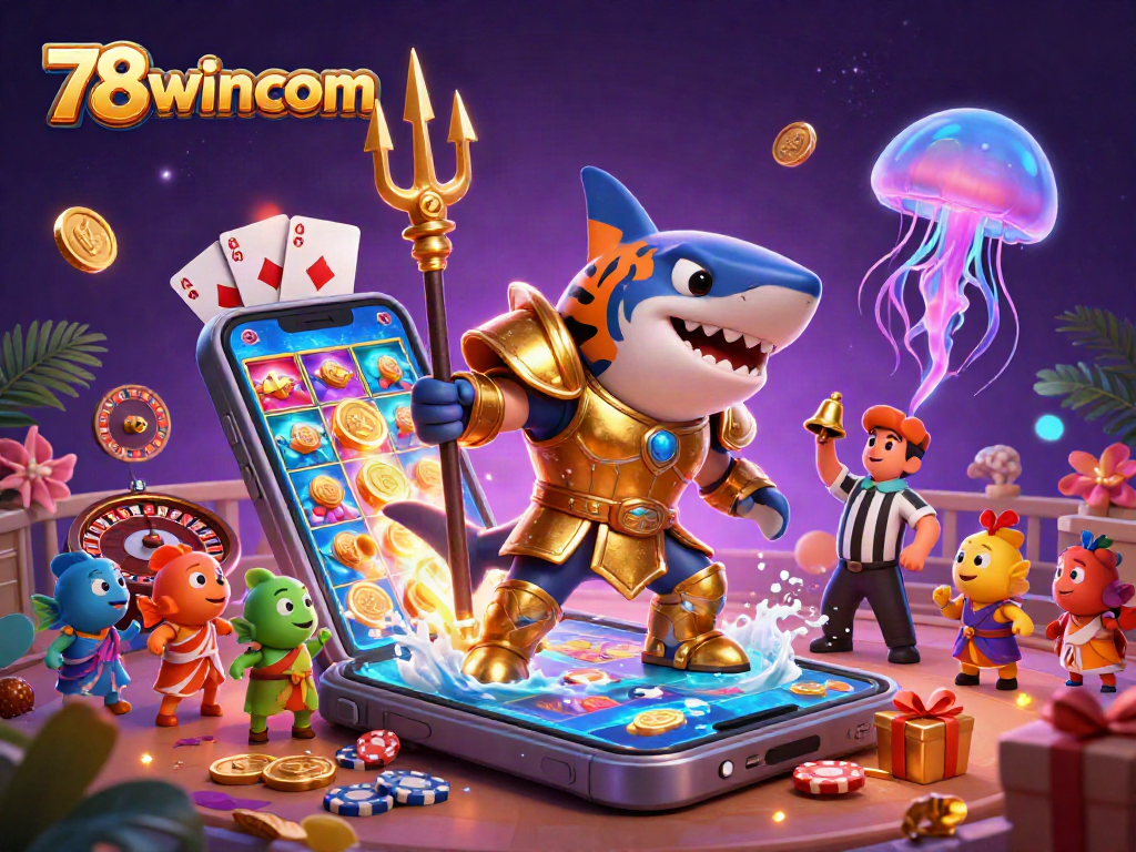 Engage with the vibrant 78wincom casino world featuring an underwater battle scene with a tiger shark.