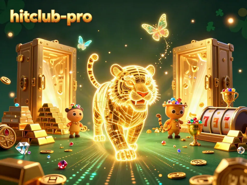 Engage with the hitclub-pro digital casino world, where a radiant tiger and holographic companions shine amidst treasures.