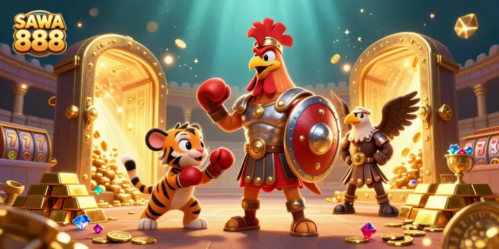Experience the excitement of SAWA 888 slots with vibrant characters, treasure, and dynamic elements!