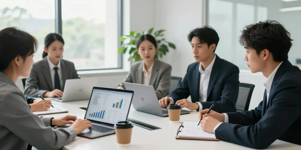 Dynamic collaboration scene showcasing istana404 as a hub for digital business insights among professionals.