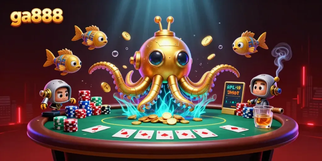 Engage in thrilling casino action with ga888 as golden kraken submarine surfaces in a treasure-filled scene.