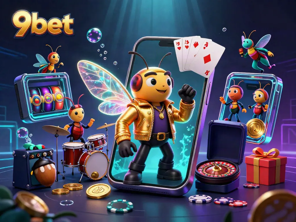 Experience the thrilling energy of 9bet's online games with a vibrant cartoon scene.