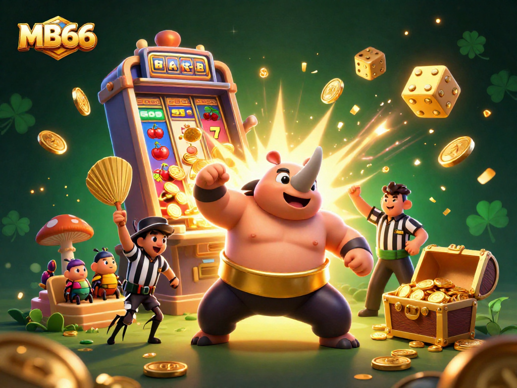 Experience the excitement at MB66 with a dynamic scene of a sumo champion beetle and a jackpot slot machine bursting with coins.