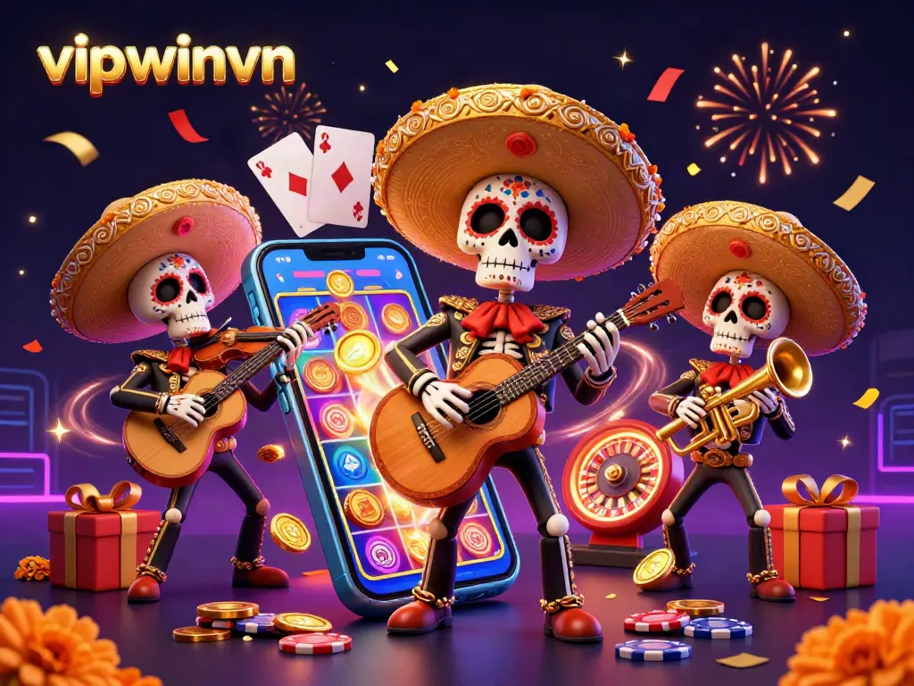 Experience thrilling action with vipwinvn featuring a lively mariachi band surrounded by dynamic casino games.