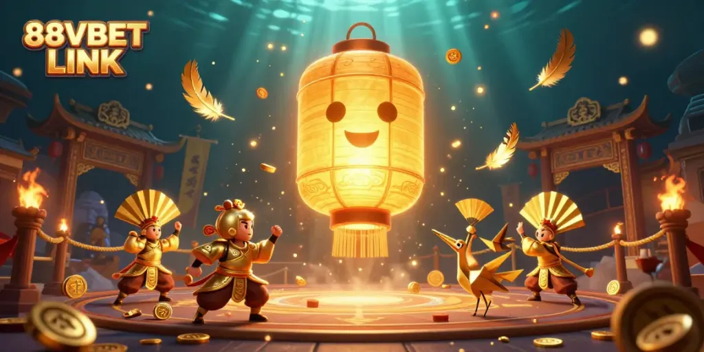 Experience thrilling 88VBET LINK action with golden lantern spirit and warriors in a vibrant casino scene.