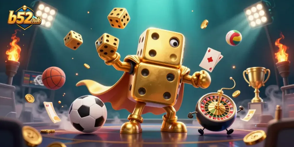 Engage with b52clubb through a vibrant scene featuring golden dice and dynamic sports elements.