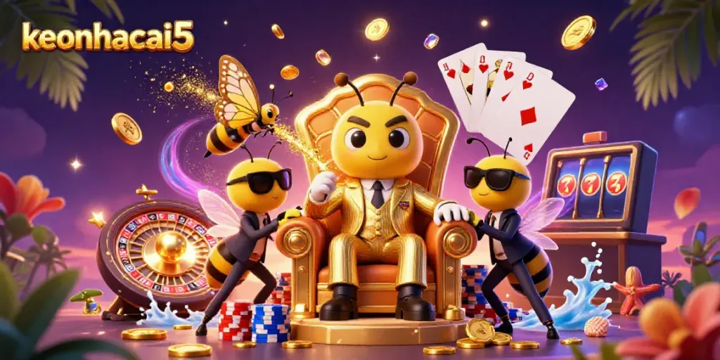 Engage with keonhacai5's vibrant casino world featuring a mob boss bumblebee surrounded by dazzling riches.