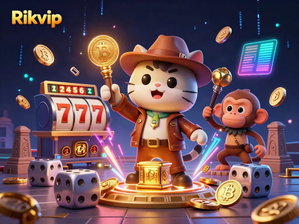 Engage with Rikvip's thrilling casino adventures through a vibrant 3D illustration showcasing an explorer cat uncovering treasures.
