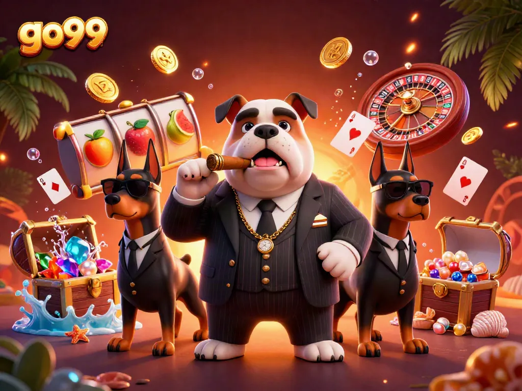 Experience thrilling gameplay at go99 with an action-packed image featuring a mafia boss and bodyguards in a casino environment.