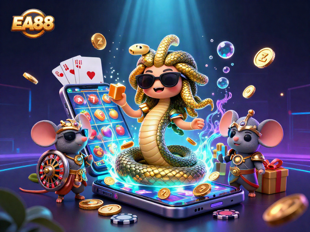 Join EA88's animated adventure in a vibrant casino-themed scene filled with slots and characters.