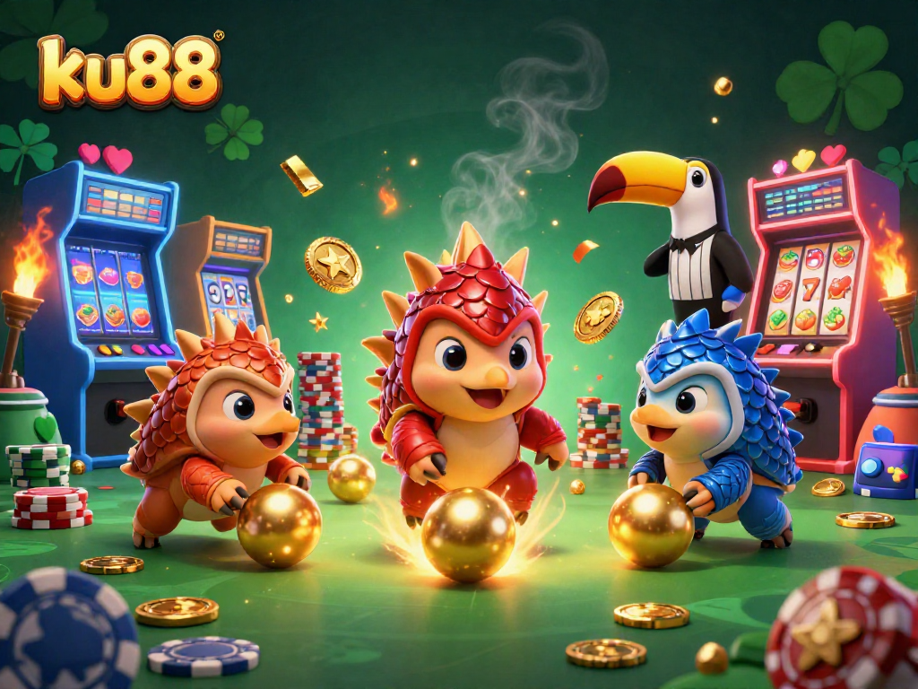 ku88 pangolins battling over poker chips amid vibrant casino arcade elements.