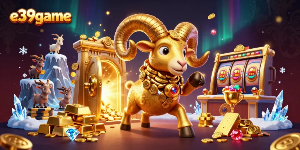 Experience thrilling gameplay with E39game as a golden ram charges towards jackpot treasures amidst dazzling elements.
