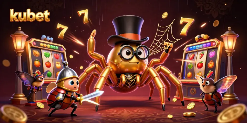 Experience thrilling kubet gameplay with vibrant 3D characters and slot elements in an engaging casino scene.