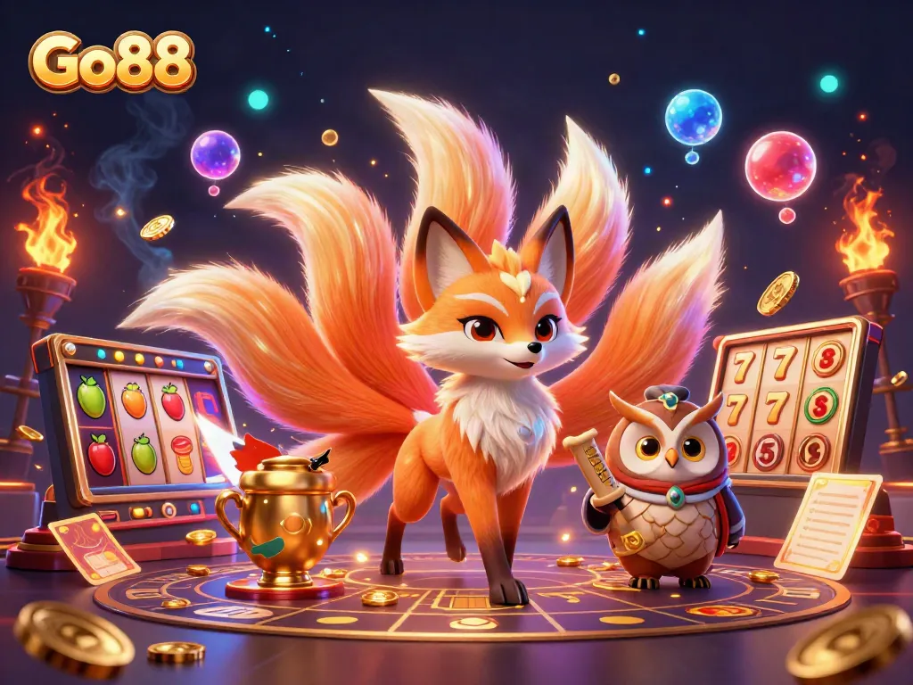 Engage in the excitement of Go88 online slots featuring vibrant characters and dynamic gaming elements.