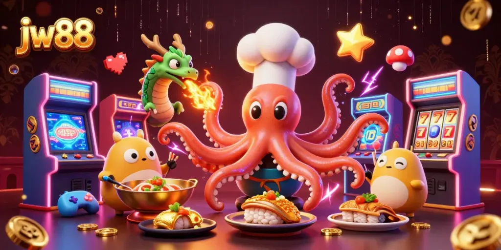Engage with jw 88 as the sushi chef octopus prepares gourmet dishes in a lively casino scene.