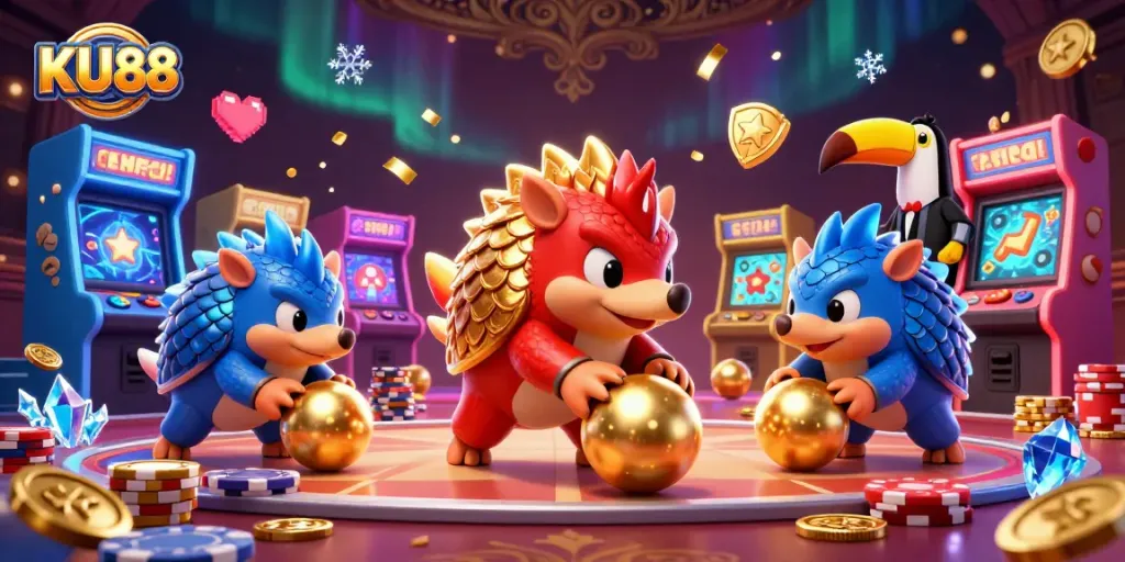 KU88 rivals bowl through poker chips in a vibrant 3D casino scene, energizing the gaming experience.
