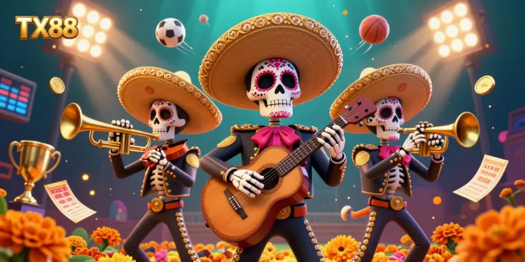 Celebrate with TX88 at this immersive casino scene featuring Day of the Dead skeleton mariachi band and dynamic betting elements.