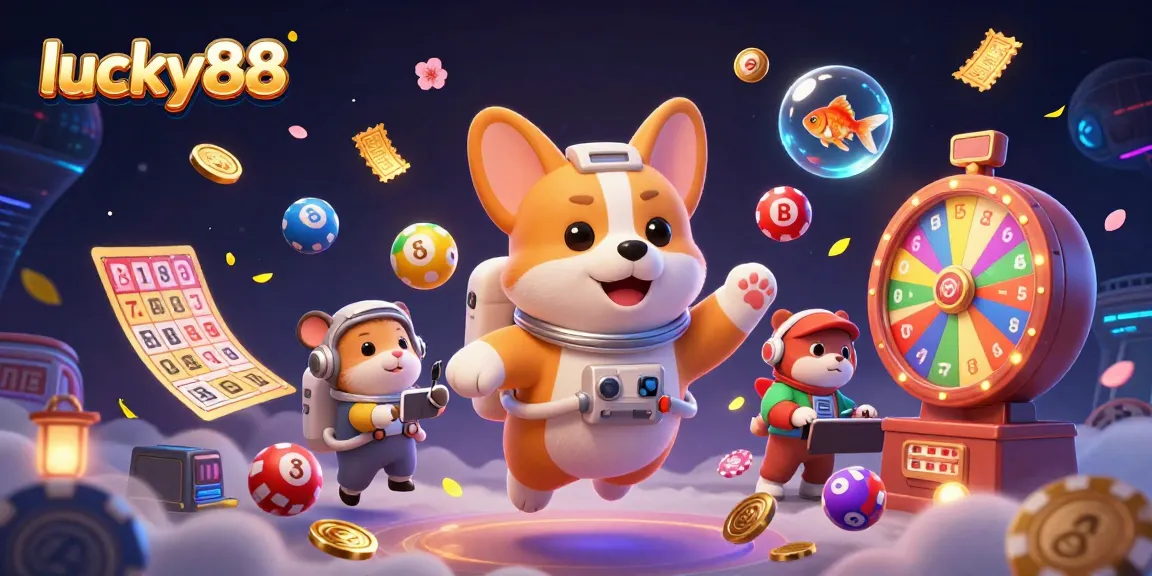 Engage with lucky88's vibrant casino scene featuring animated characters amidst thrilling gaming elements.