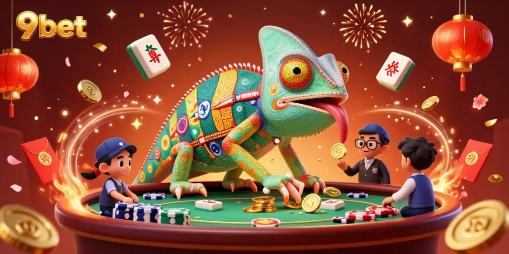 Experience thrilling games at 9bet, featuring dynamic casino visuals with chameleon characters and festive elements.