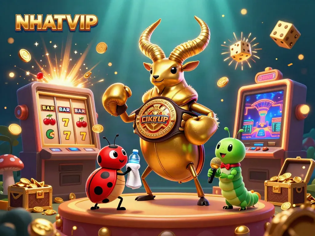 Experience thrilling casino action with NHATVIP in an artistic 3D depiction of giant creatures and slots.