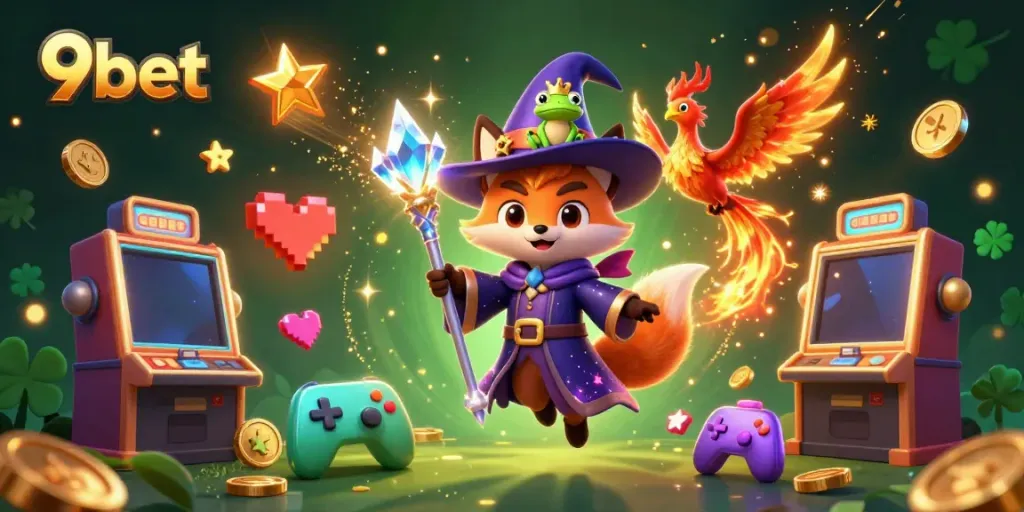 Engage in thrilling gameplay with 9bet featuring a wizard fox and a phoenix in a vibrant casino.