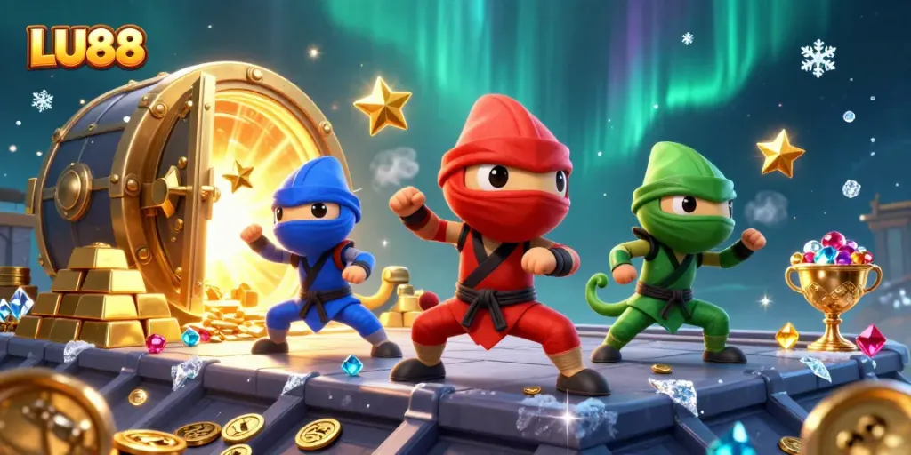 LU88 showcases a vibrant casino atmosphere with ninja chameleons surrounded by treasures.