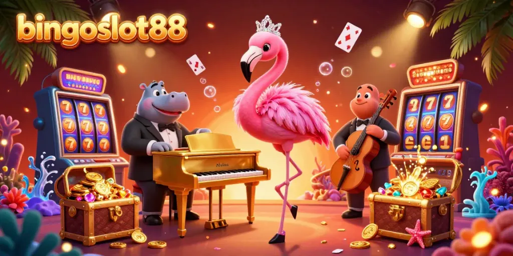 Permainan bingoslot88 menampilkan flamingo dan hippo di kasino 3D yang penuh dengan elemen menggoda