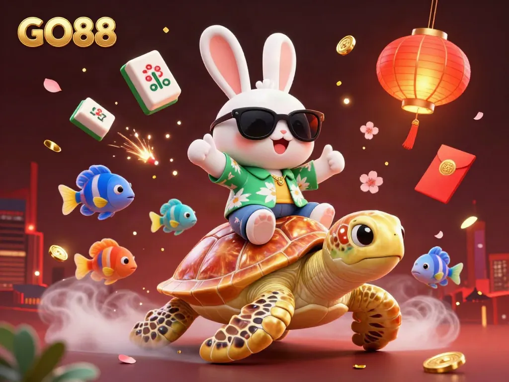 Experience the thrill of GO88 with a lucky rabbit and golden turtle in this vibrant casino-inspired scene.