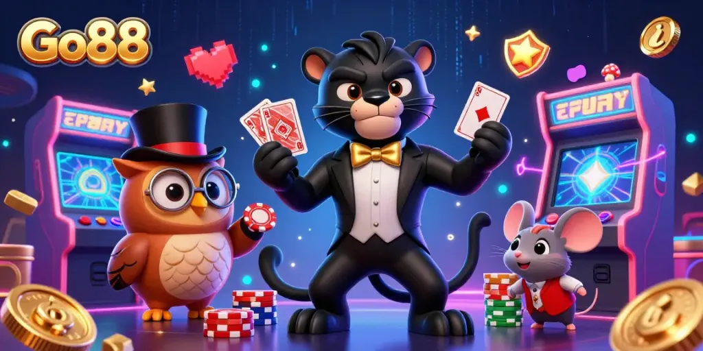 Engage with Go88 at a dynamic casino scene featuring a black panther dealer and fun gaming elements.