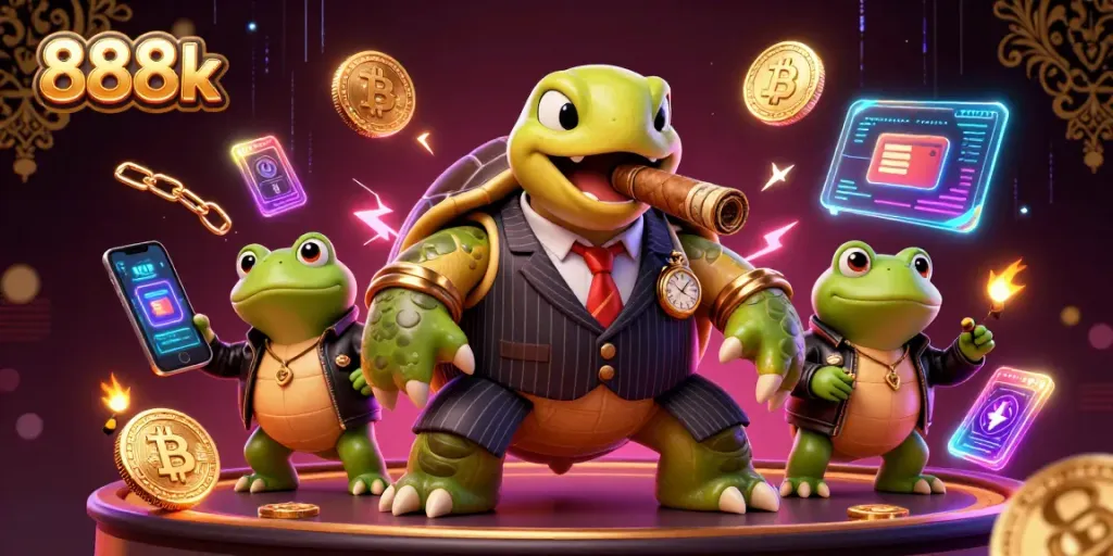 Experience thrilling moments at 888k casino with a vibrant 3D cartoon scene featuring a massive turtle and bullfrog enforcers.