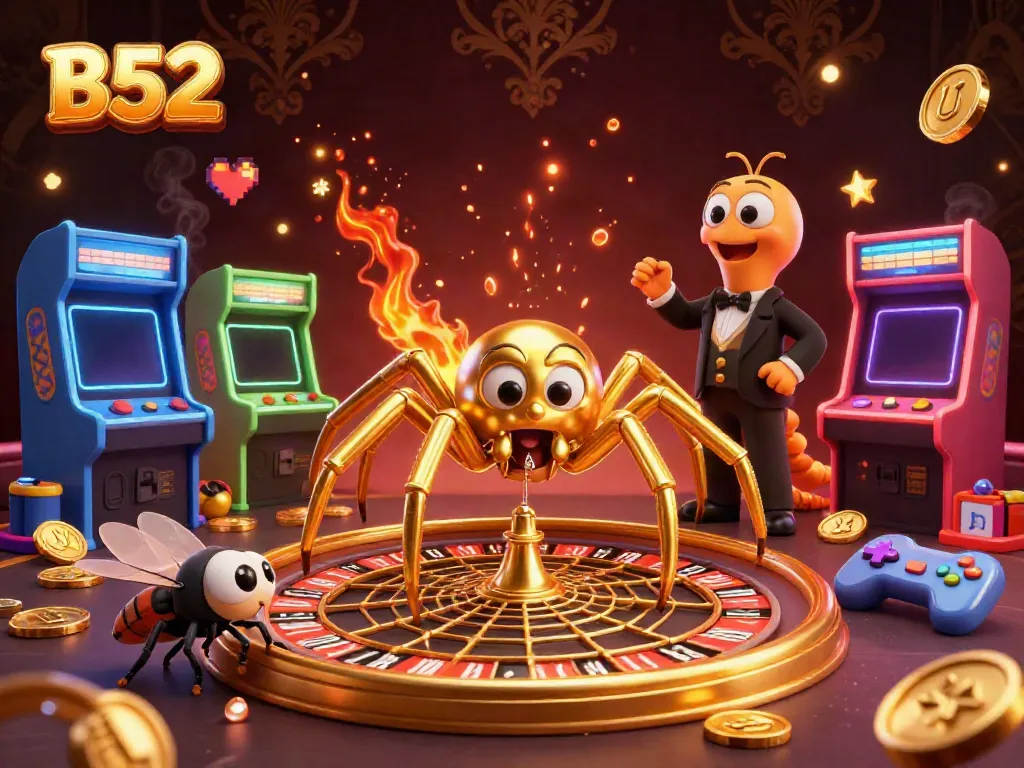 Experience the thrill of betting at B52 with a vibrant 3D casino scene featuring a roulette wheel, spider, and colorful arcade machines.
