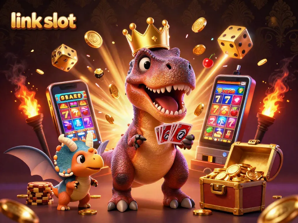 Experience the thrill of link slot gaming with a vibrant scene featuring dinosaur characters, slot machines, and sparkling chips.