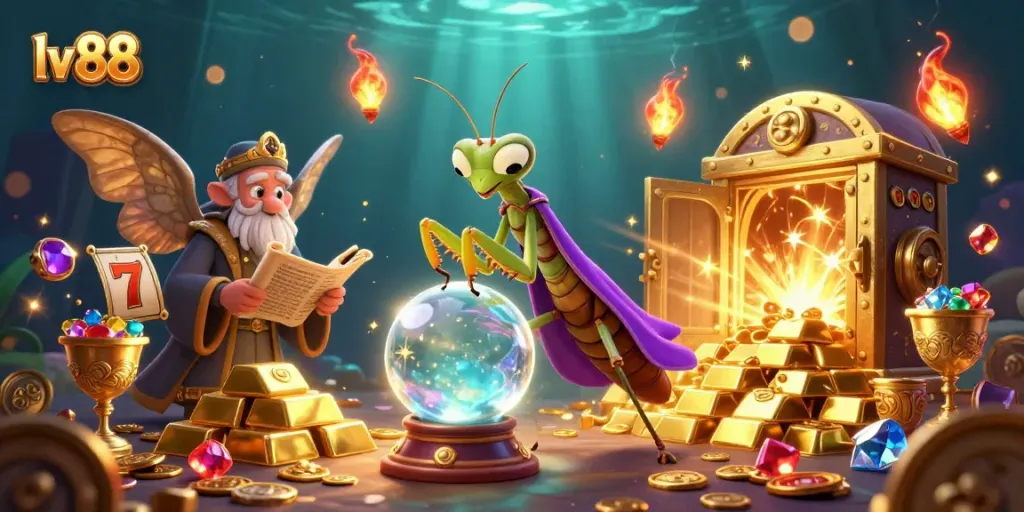 Experience the magic of lv 88 with a vibrant 3D illustration featuring fortune teller and slot reels.
