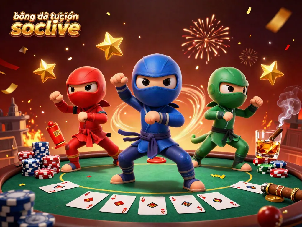 Experience the thrill of bóng đá trực tuyến socolive as chameleon ninjas showcase martial arts atop a vibrant gambling scene.