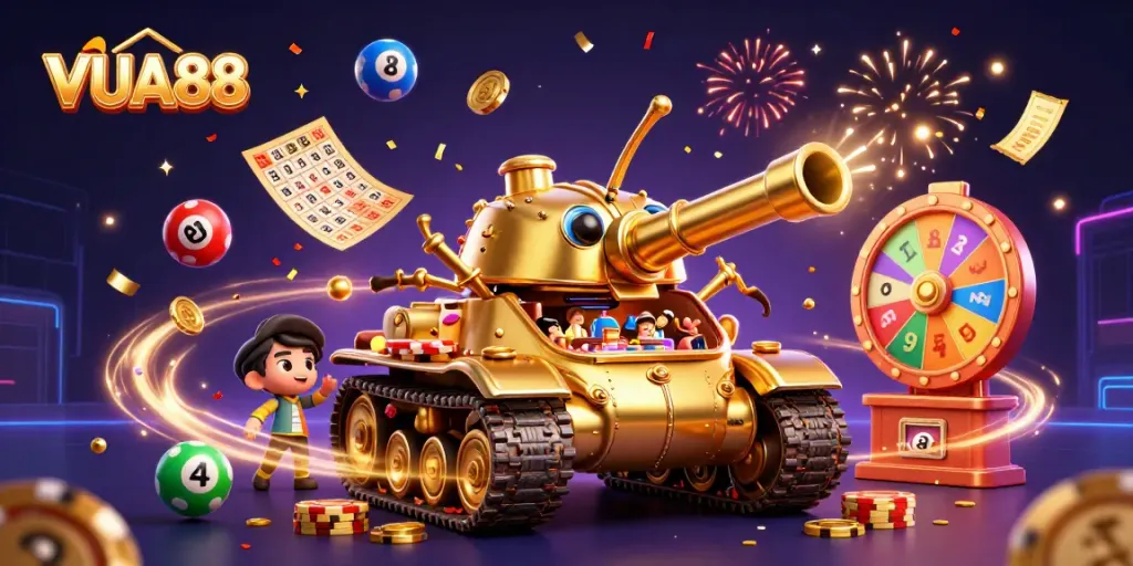 Experience VUA88's vibrant casino atmosphere with celebratory elements in a unique 3D scene.