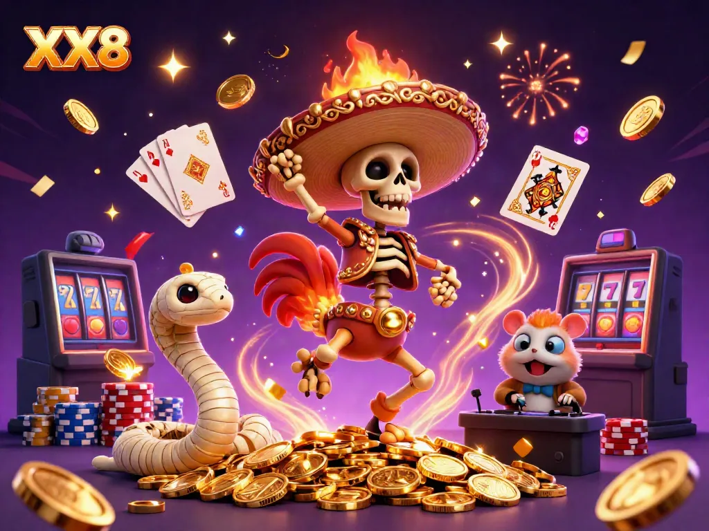 Celebrate your winnings with the XX8 gaming experience featuring captivating characters, coins, and casino elements.