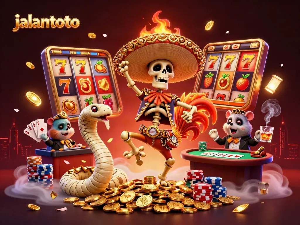 Experience thrilling games with jalantoto, featuring vibrant casino characters celebrating over slot jackpots.