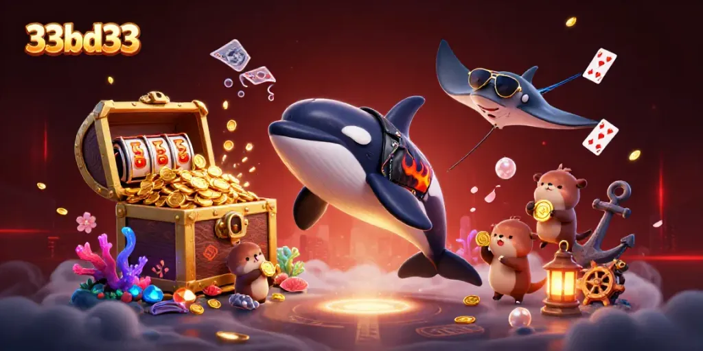 Experience the excitement of winning with 33bd33 as the orca whale and friends celebrate casino success.
